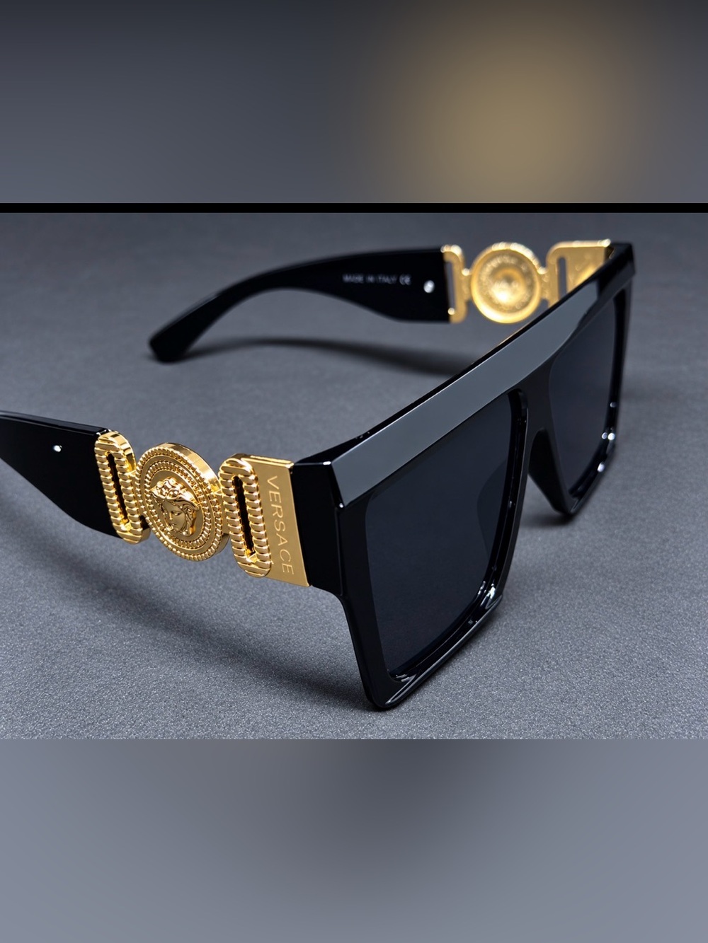 Versace Black Shield Sunglasses with Gold Medusa Accents